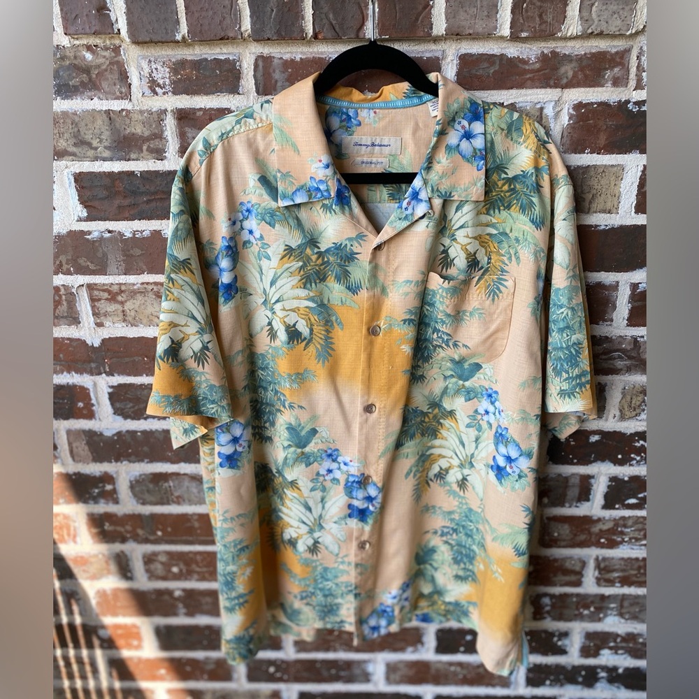 Tommy Bahama Silk Orange Blue Original Fit Hawaiian Shirt Size XL